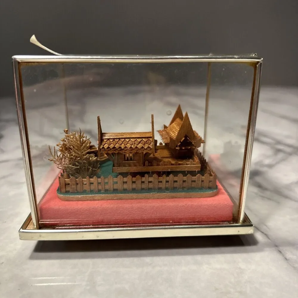 VINTAGE Handmade Teak Wood Thailand House Glass Metal Shadowbox Diorama Souvenir